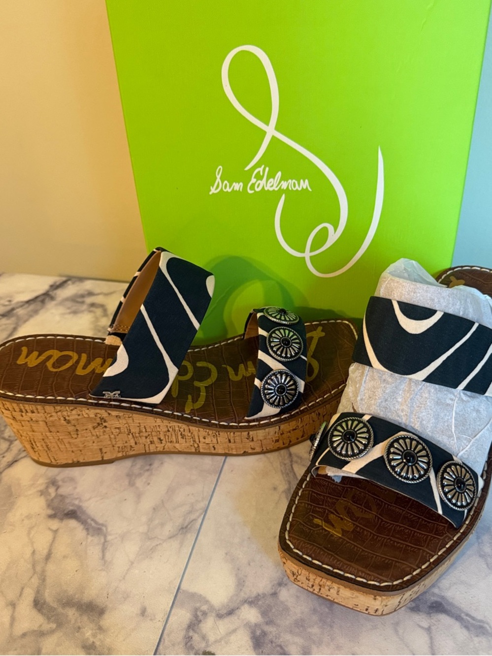 Sam Edelman Black and White Cork Wedge Slide Sandals with Decorative Medallions